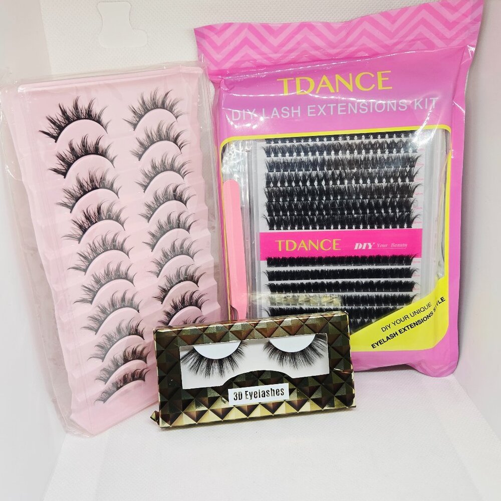 NEW Lot of 3 Assorted False Eyelashes TDance Lash Extension Kit, 3D Eyelashes